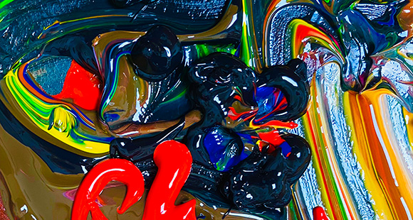 Vibrant abstract painting featuring swirling colors of blue, green, red, and black, with bold red text partially visible, showcasing the dynamic interplay of color and texture.